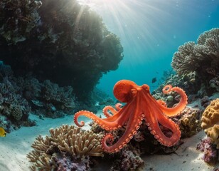 A large red octopus is swimming in the ocean