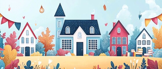 Obraz premium Colorful Illustration of Cozy Houses Amidst Autumn Trees and Leaves