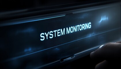 IT Professional Monitors System Health on a Dashboard with Glowing SYSTEM MONITORING Text