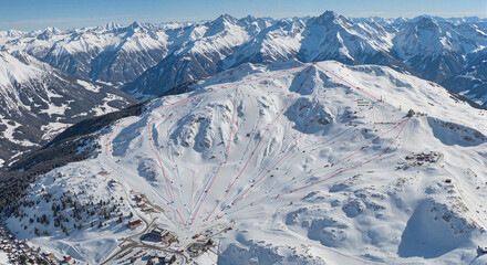 Ski resort trail map showcasing snowy slopes in mountain landscape, navigation