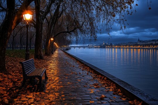 A romantic evening stroll along the Rh&Atilde;&acute;ne River, with streetlights casting warm reflections on the water