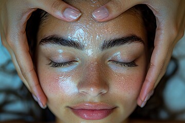 A beautician is massaging the face of a young woman using her hands