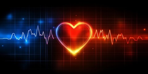Glowing Heart Symbol with Dynamic Red Electrocardiogram Line and Abstract Grid Background