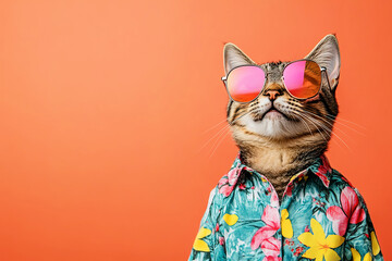 Stylish cat dressed in vibrant attire poses against a bright background