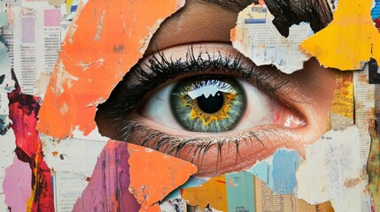 A collage of cut-out magazine pages, ripped paper, and torn edges.