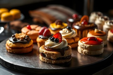 A vibrant display of assorted pastries and desserts on a sleek black platter in a cozy caf? setting