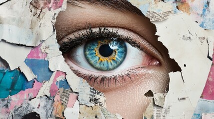 A collage of cut-out magazine pages, ripped paper, and torn edges.