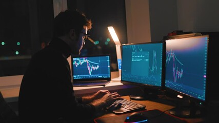 Trading expert analyzes market trends in a well-lit home office at night