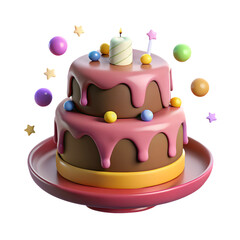 Festive Birthday Cake: A delightful, two-tiered cake adorned with colorful decorations and a lit candle, perfect for celebrations, is captured in a vibrant and cheerful style.