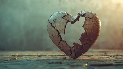 A cracked heart, symbolizing heartbreak and loss.  A weathered, broken heart rests on a textured surface, highlighting emotional pain and vulnerability