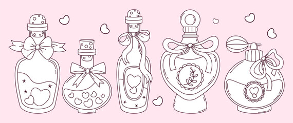 Outline Vintage Coquette Magic Bottles and Perfume with Ribbon Bow set. Romantic Girly Vibe. Vector illustration. Isolated Trendy Aesthetic beauty accessories and cosmetic. Line drawing, coloring book
