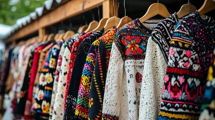 Colorful Handcrafted Sweaters Displayed at Outdoor Market Stall