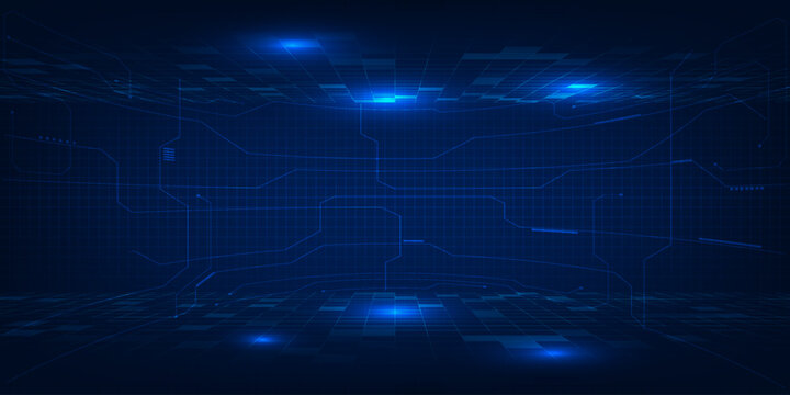 Vector illustrations of abstract blue digital hi tech technology background with digital element circuit pattern.