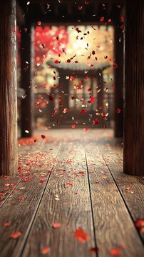 Falling petals in a wooden archway