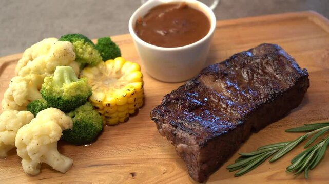 Steam with sauce and salad 