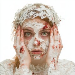 Fototapeta premium A frightening zombie bride is shown alone on a transparent backdrop