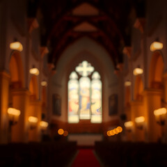 Obraz premium A dimly lit church interior, where an abstract blur softens the warm glow of candlelight, creating a peaceful and spiritual atmosphere.