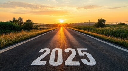 Sunrise over open road with 2025 written on pavement looking towards future horizons