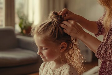 Fototapeta premium A woman is styling a young girl's hair. The girl is smiling and he is enjoying the process. The woman is wearing a pink shirt and is sitting on a couch