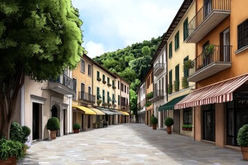 Obraz premium A soft watercolor painting of a charming Italian street with colorful awnings and cobblestone paths