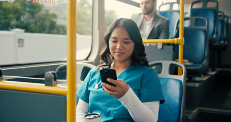 Bus, nurse and woman with cellphone, commute and communication with public transport. Person, healthcare professional or employee with smartphone, texting and app for work schedule, travel or message