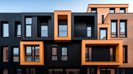 Modern Apartment Building Facade with Black and Orange Accents
