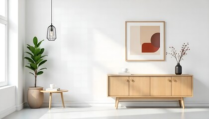 Minimalist living room with wooden cabinet, artwork, and plant