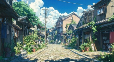 A sunny day reveals an old cobbled road village scene