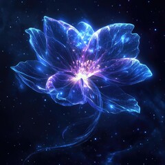 A stunning glowing flower in a cosmic setting, radiating vibrant colors and light, surrounded by a starry background, symbolizing beauty and tranquility in nature