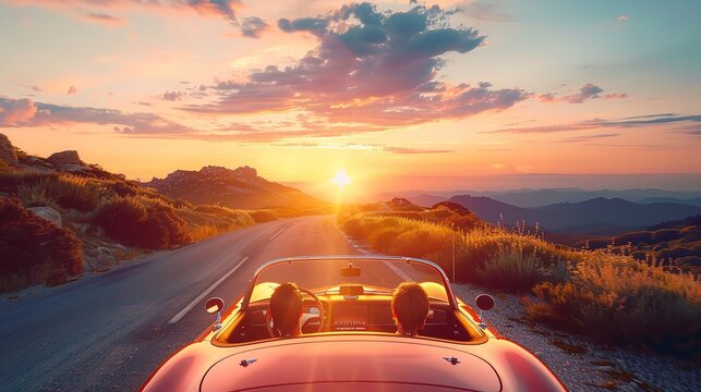 road trip with an old vintage retro car, classic car, summer trip, travel concept, couple of men and woman watching sunset by the ocean in an old car