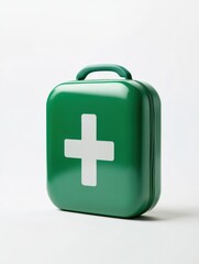 Fototapeta premium A green first aid kit featuring a prominent white cross symbol sits against a plain background. This compact kit is ideal for storing essential medical supplies for emergencies
