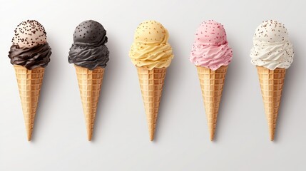 Five ice cream cones with chocolate, vanilla, strawberry, lemon, and raspberry flavors
