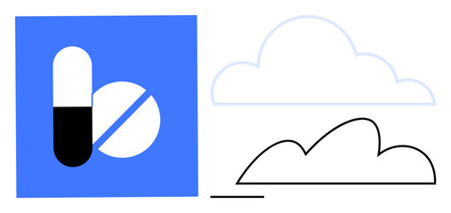 Capsule and tablet in blue square alongside outlined cloud, merging health and technology themes. Ideal for healthcare, technology, digital innovation, medicine, pharmaceuticals, cloud computing