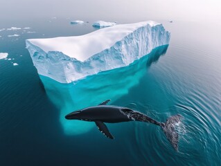 Fototapeta premium A whale is swimming in the ocean near a large iceberg. The scene is serene and peaceful, with the whale gracefully navigating the water. The contrast between the massive iceberg