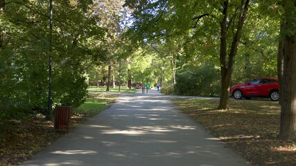 Scenic park pathway inviting leisurely walks and outdoor activities during a sunny autumn day