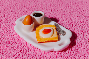 Toy breakfast set with toast, eggs, and coffee on pink carpet