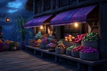 A whimsical floating marketplace with vibrant magical awnings billowing in the sky, supported by enchanted beams