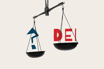 Creative trend artwork design 3D collage sketch of scales weights question dei disability inclusion...