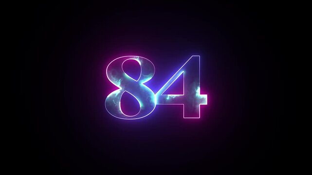 Abstract glowing neon number "84'' animation. Blue and purple neon futuristic effect. Trendy glow lighting