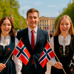 Young friends in traditional Norwegian bunads celebrating 17th of May in Oslo, holding flags amidst festive crowd and decorations, expressing national pride and joy.