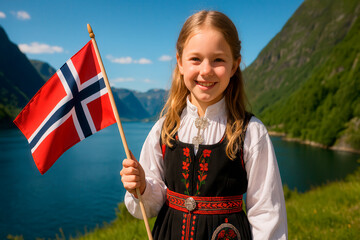 Norwegian girl in traditional bunad holding Norwegian flag on May 17th
