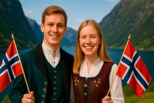 Norwegian couple celebrating 17th of May, Norway's Constitution Day, holding national flag amidst festive crowd in traditional attire, with lively street scene and clear sky.