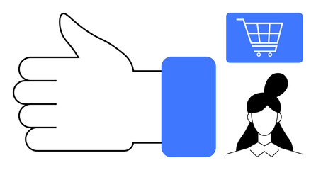 Thumbs-up icon near a womans profile and shopping cart reflecting agreement, positive feedback, and online shopping themes. Ideal for e-commerce, reviews, marketing, customer trust, feedback, digital
