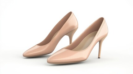 Two pairs of sleek nude high heels are placed on a white background, highlighting their glossy finish and pointed toes. These elegant shoes exemplify contemporary fashion trends