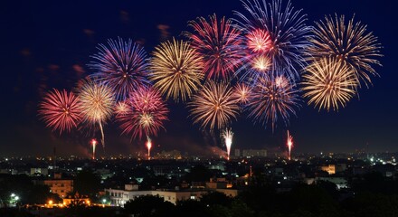 Spectacular Fireworks Display Over Cityscape at Night Vibrant Colors and Festive Celebration