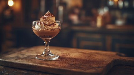 Elegant Dessert Cocktail with Cream Topping in Cozy Setting