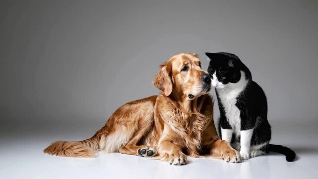 Dog and cat sitting calmly next to each other. Family pets. Dog and cat as best friends on white background. Golden retriever and fluffy cat.