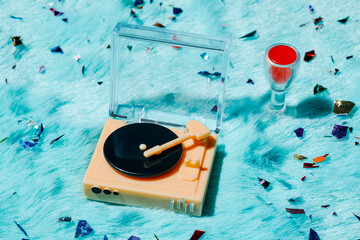 Toy turntable and cocktail glass with confetti on carpet depicting a party scene