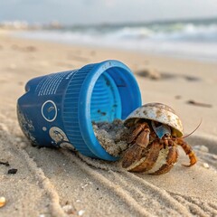 A hermit crab adopts a plastic bottle cap as its shell, highlighting the impact of ocean pollution on marine life and ecosystems.