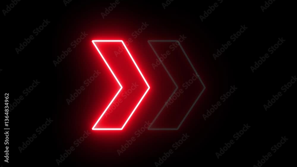 Poster glowing neon red arrow right direction icon. abstract neon flashing light arrow loading animation. s
